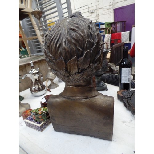 162 - A LARGE FRENCH PART PLASTER HOLLOW 
 BRONZE COLOURED BUST OF NAPOLEON AS EMPEROR, WITH LAUREL WREATH... 