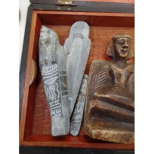 161 - VINTAGE BOX CONTAINING 4 EGYPTIAN STONE FIGURES INCLUDING FUNERARY FIGURE OF ANUBIS, HORUS, WINGED P... 