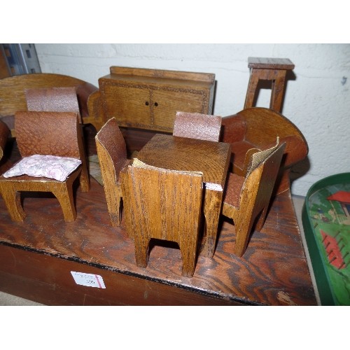 390 - VINTAGE WOODEN BOX CONTAINING  SOLID OAK DOLLS FURNITURE INCLUDING SIDEBOARD SOFA AND CHAIRS ETC