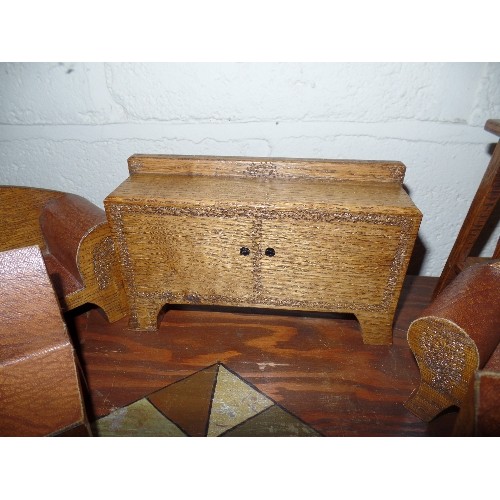 390 - VINTAGE WOODEN BOX CONTAINING  SOLID OAK DOLLS FURNITURE INCLUDING SIDEBOARD SOFA AND CHAIRS ETC