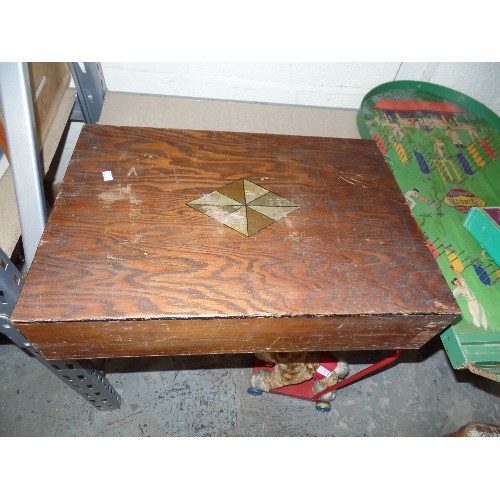 390 - VINTAGE WOODEN BOX CONTAINING  SOLID OAK DOLLS FURNITURE INCLUDING SIDEBOARD SOFA AND CHAIRS ETC