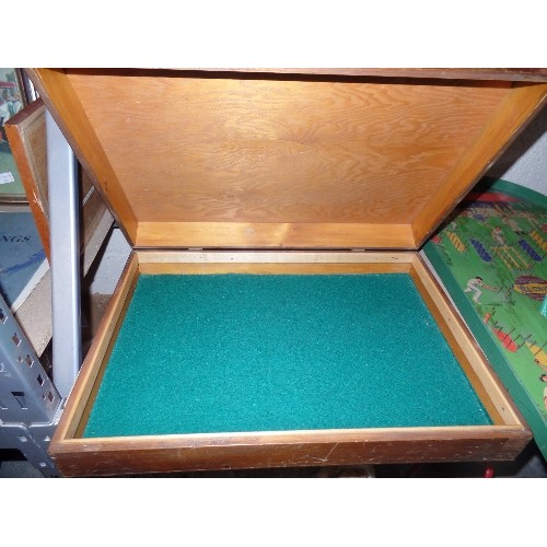 390 - VINTAGE WOODEN BOX CONTAINING  SOLID OAK DOLLS FURNITURE INCLUDING SIDEBOARD SOFA AND CHAIRS ETC