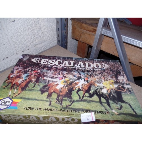 381 - BOXED ESCALADO HORSE RACING GAME BY CHAD VALLEY - METAL HORSES AND CANVAS TRACK - 1976