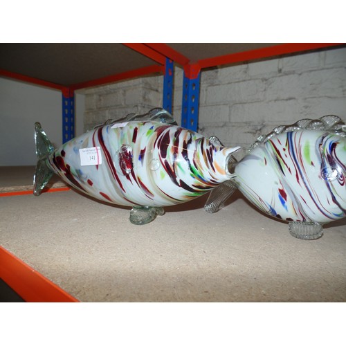 141 - COLLECTION OF FOUR 1960'S MURANO COLOURED GLASS FISH - THE LARGEST 33CM