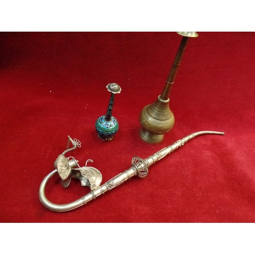 120 - A BEAUTIFULLY MADE MIDDLE EASTERN OPIUM PIPE IN WHITE METAL IN THE SHAPE OF A PEACOCK, ALSO TWO MORO... 