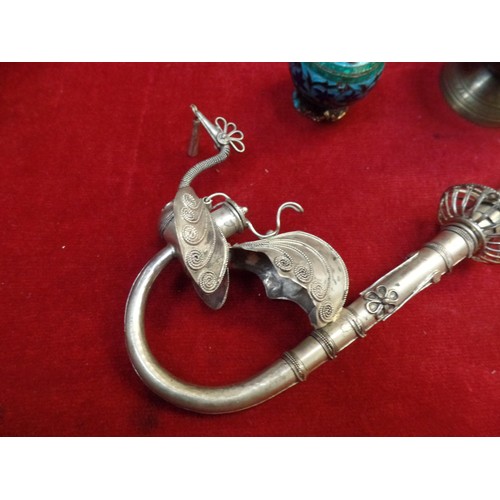 120 - A BEAUTIFULLY MADE MIDDLE EASTERN OPIUM PIPE IN WHITE METAL IN THE SHAPE OF A PEACOCK, ALSO TWO MORO... 