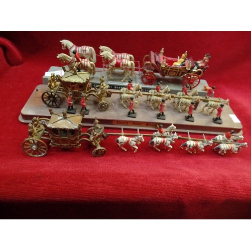 389 - 3 ROYAL STATE COACH MODELS & HORSES, INCLUDING A METAL GOLD STATE COACH (PROBABLY FROM 1953 CORONATI... 