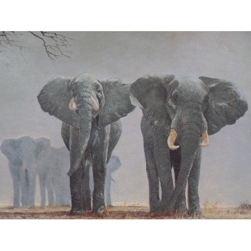 152 - A LARGE 20TH CENTURY OIL ON BOARD OF ELEPHANTS  