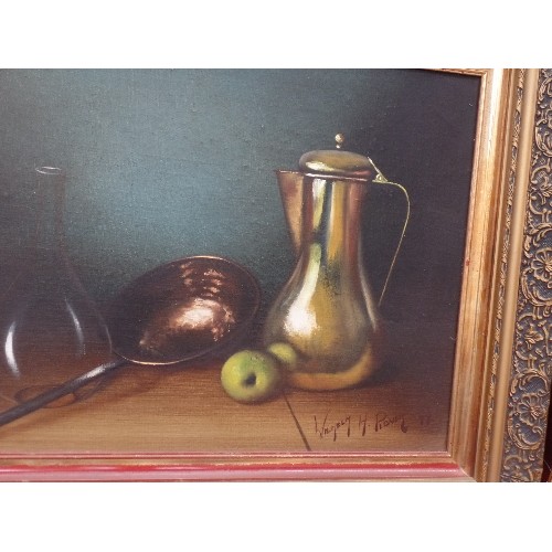 148 - WILHELM H PLONER, SOUTH AFRICAN ARTIST B 1941. AN ORIGINAL STILL LIFE OIL PAINTING ON BOARD OF BRASS... 