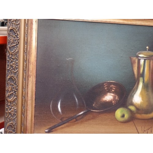 148 - WILHELM H PLONER, SOUTH AFRICAN ARTIST B 1941. AN ORIGINAL STILL LIFE OIL PAINTING ON BOARD OF BRASS... 