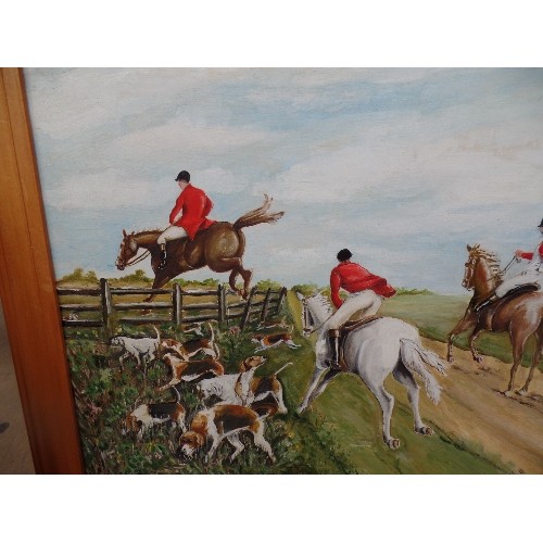 155 - LATE 20TH CENTURY OIL ON BOARD OF A HUNT IN CHASE - SIGNATURE BOTTOM RIGHT - 80CM X 54CM