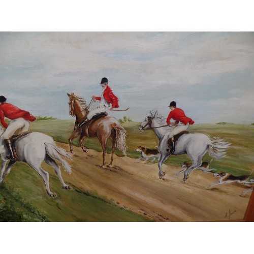 155 - LATE 20TH CENTURY OIL ON BOARD OF A HUNT IN CHASE - SIGNATURE BOTTOM RIGHT - 80CM X 54CM