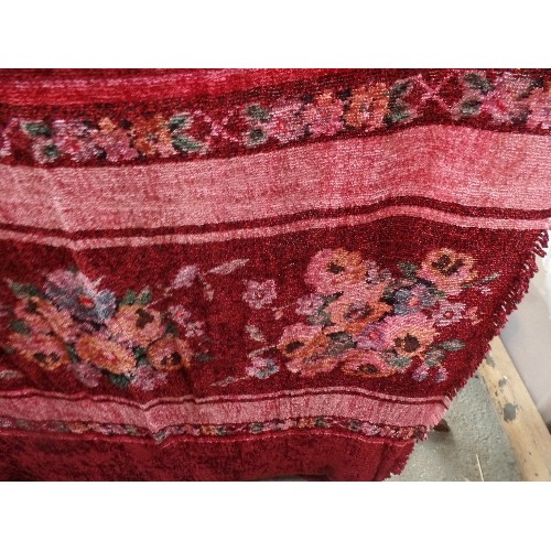 127 - A BEAUTIFUL 1920'S CHENILLE DOOR CURTAIN IN BURGUNDY WITH A PATTERN OF FLOWERS - WITH BRASS POLE RIN... 