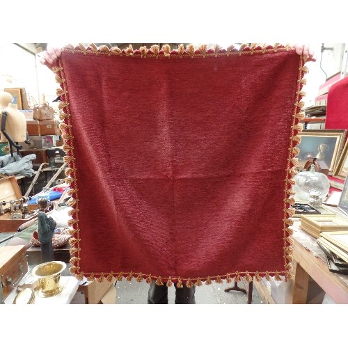 127 - A BEAUTIFUL 1920'S CHENILLE DOOR CURTAIN IN BURGUNDY WITH A PATTERN OF FLOWERS - WITH BRASS POLE RIN... 