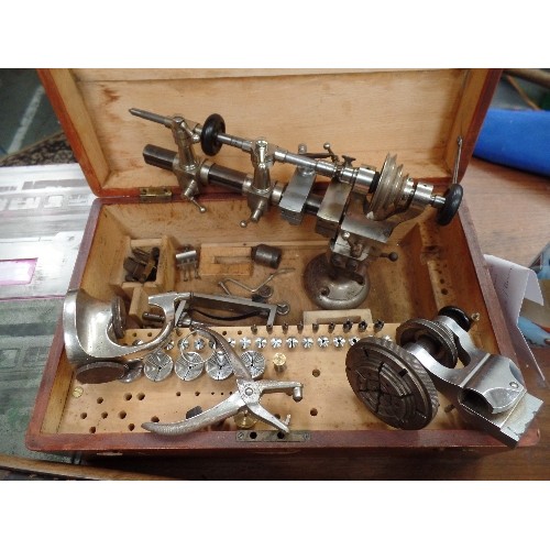 297 - VINTAGE WATCH MAKERS LATHE AND PARTS IN ORIGINAL WOODEN BOX