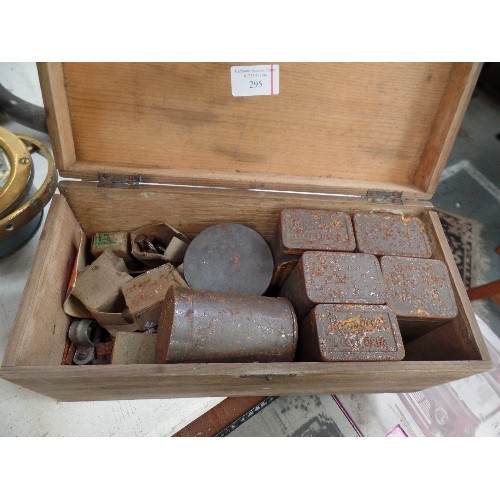 295 - WOODEN BOX WITH VINTAGE TINS (COCOA / COFFEE / CHICORY TINS) FULL OF OLD NAILS, SCREWS, HINGES ETC