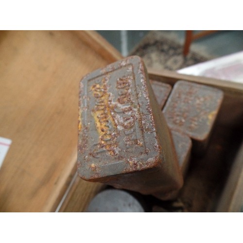 295 - WOODEN BOX WITH VINTAGE TINS (COCOA / COFFEE / CHICORY TINS) FULL OF OLD NAILS, SCREWS, HINGES ETC