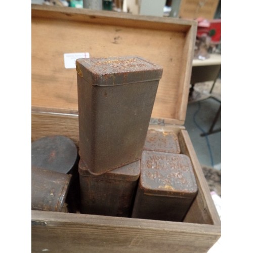 295 - WOODEN BOX WITH VINTAGE TINS (COCOA / COFFEE / CHICORY TINS) FULL OF OLD NAILS, SCREWS, HINGES ETC