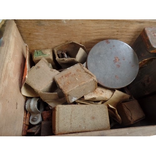 295 - WOODEN BOX WITH VINTAGE TINS (COCOA / COFFEE / CHICORY TINS) FULL OF OLD NAILS, SCREWS, HINGES ETC
