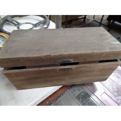 295 - WOODEN BOX WITH VINTAGE TINS (COCOA / COFFEE / CHICORY TINS) FULL OF OLD NAILS, SCREWS, HINGES ETC