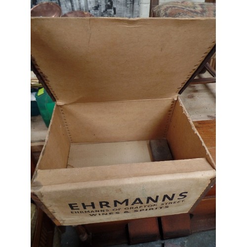 372B - VINTAGE CARDBOARD WINE CRATE WITH METAL REINFORCEMENT - EHRMANNS OF GRAFTON STREET, WINES AND SPIRIT... 