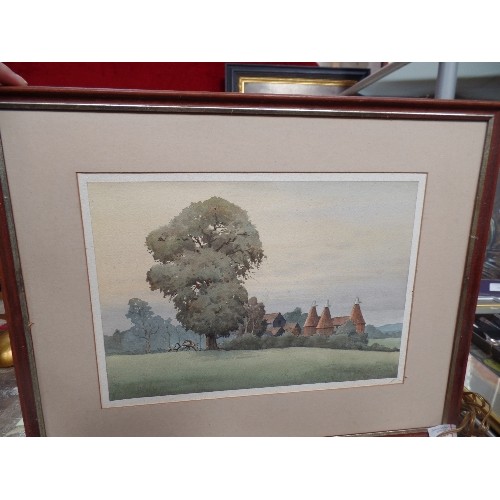 150 - LATE 20TH CENTURY WATERCOLOUR OF KENT OAST HOUSES BY PHILLIP BEAR . FRAME 53CM X 43CM