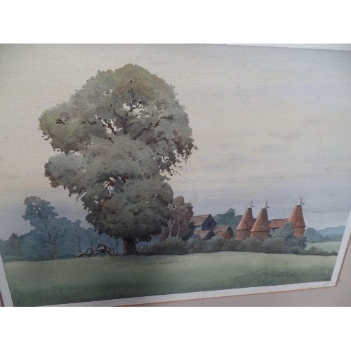 150 - LATE 20TH CENTURY WATERCOLOUR OF KENT OAST HOUSES BY PHILLIP BEAR . FRAME 53CM X 43CM