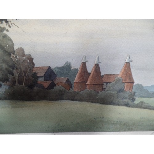 150 - LATE 20TH CENTURY WATERCOLOUR OF KENT OAST HOUSES BY PHILLIP BEAR . FRAME 53CM X 43CM