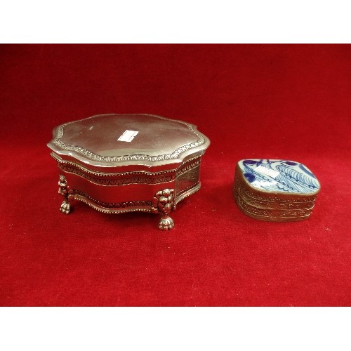 41A - A HEAVY SILVER PLATED TRINKET BOX WITH LION PAW FEET - 16CM AND A CHINESE ANTIQUE PORCELAIN SHARD TR... 