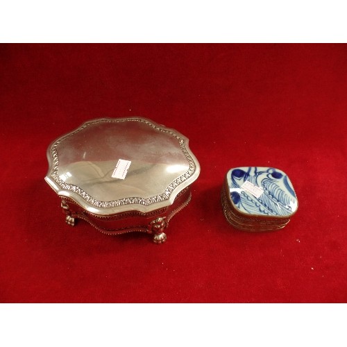 41A - A HEAVY SILVER PLATED TRINKET BOX WITH LION PAW FEET - 16CM AND A CHINESE ANTIQUE PORCELAIN SHARD TR... 