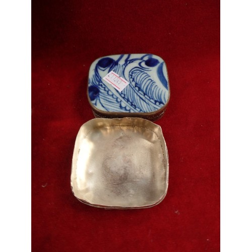 41A - A HEAVY SILVER PLATED TRINKET BOX WITH LION PAW FEET - 16CM AND A CHINESE ANTIQUE PORCELAIN SHARD TR... 