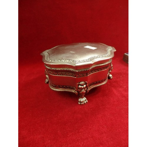 41A - A HEAVY SILVER PLATED TRINKET BOX WITH LION PAW FEET - 16CM AND A CHINESE ANTIQUE PORCELAIN SHARD TR... 