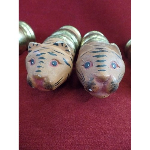 2 - 5 PAIRS OF CARVED WOOD CURTAIN POLE FINIALS - INCLUDES 2 PAIRS WITH GILT LEOPARD HEADS, PAIR OF PAIN... 