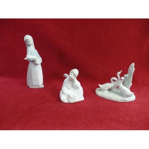 3 - LLADRO FIGURE OF GIRL WITH A PIGLET (18CM), A NAO FIGURE OF AN ANGEL AND A NAO FIGURE OF GEESE