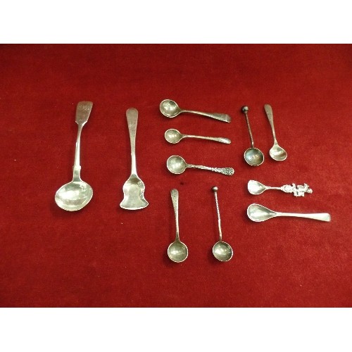 28 - COLLECTION OF STERLING SILVER SALT SPOONS INCLUDING A GEORGIAN SALT SHOVEL, FIDDLE PATTERN EXETER 18... 