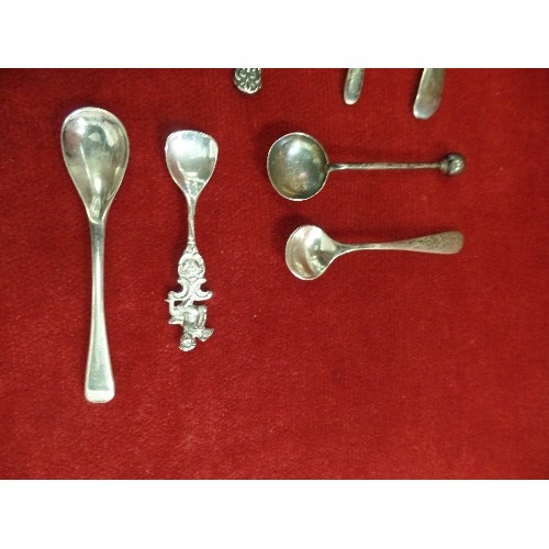 28 - COLLECTION OF STERLING SILVER SALT SPOONS INCLUDING A GEORGIAN SALT SHOVEL, FIDDLE PATTERN EXETER 18... 