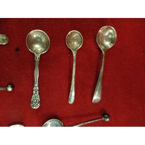 28 - COLLECTION OF STERLING SILVER SALT SPOONS INCLUDING A GEORGIAN SALT SHOVEL, FIDDLE PATTERN EXETER 18... 