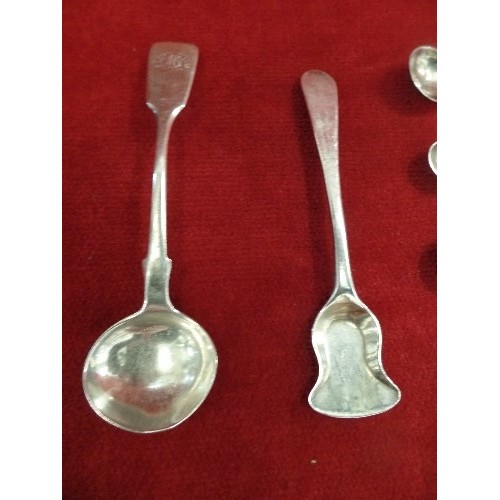 28 - COLLECTION OF STERLING SILVER SALT SPOONS INCLUDING A GEORGIAN SALT SHOVEL, FIDDLE PATTERN EXETER 18... 