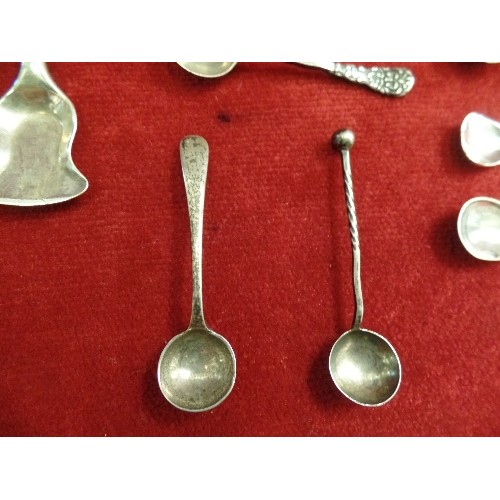 28 - COLLECTION OF STERLING SILVER SALT SPOONS INCLUDING A GEORGIAN SALT SHOVEL, FIDDLE PATTERN EXETER 18... 