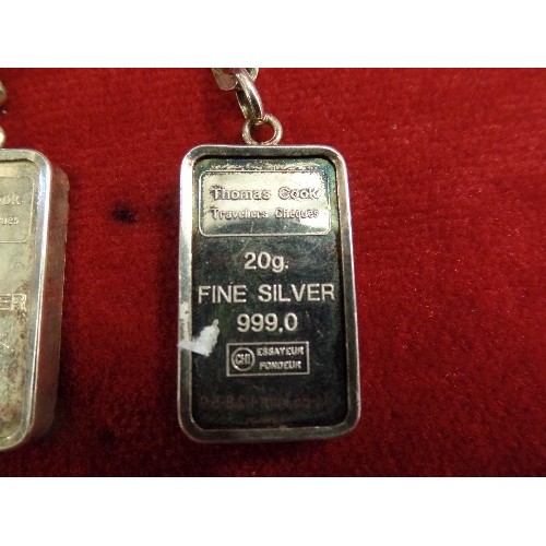 38 - 3 X 999 FINE SILVER BAR KEYRINGS BY THOMAS COOK TRAVELLERS CHEQUES ON ONE SIDE AND ARABIC SCRIPT ON ... 