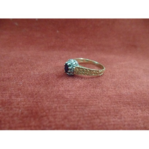 46 - AN 18CT GOLD RING WITH VERY DARK BLUE SAPPHIRE AND 8 DIAMONDS - SIZE R/S, 4.2 GRAMS