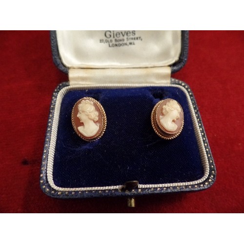 48 - PAIR OF 9CT GOLD CAMEO EARRINGS IN A GIEVES OF LONDON BOX - 3.4 GRAMS - MISSING 1 BUTTERFLY