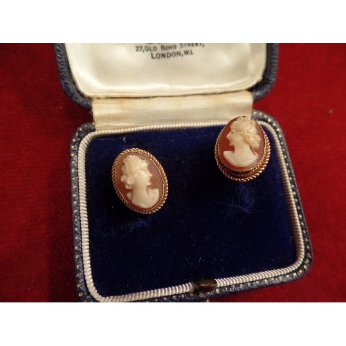 48 - PAIR OF 9CT GOLD CAMEO EARRINGS IN A GIEVES OF LONDON BOX - 3.4 GRAMS - MISSING 1 BUTTERFLY