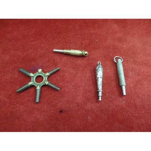 56 - A VICTORIAN SILVER POCKET WATCH KEY, A STEEL KEY A GILT METAL KEY AND A POCKET WATCH SPIDER KEY (GRA... 