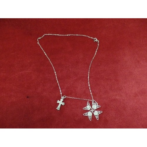 73 - A 925 SILVER CHAIN WITH FILIGREE MALTESE CROSS AND TRADITIONAL CROSS PENDANTS