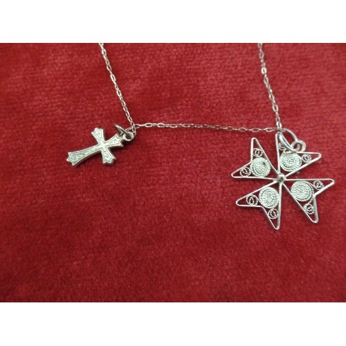 73 - A 925 SILVER CHAIN WITH FILIGREE MALTESE CROSS AND TRADITIONAL CROSS PENDANTS