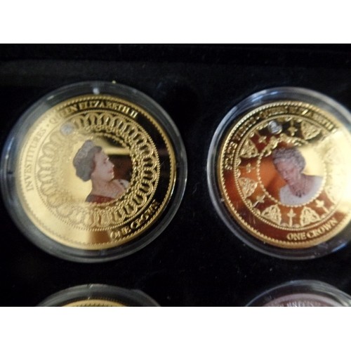 77C - SET OF 12 TRISTAN DA CUNHA (TDC)  GOLD PLATED 2015 PROOF PICTURE COINS - QUEEN ELIZABETH II CROWNS -... 