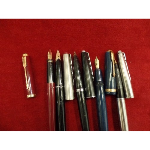 84 - 5 PARKER FOUNTAIN PENS ALL WITH 14CT GOLD NIBS, 2 DUOFOLD BURGUNDY & BLUE PARKER 45, PARKER 51