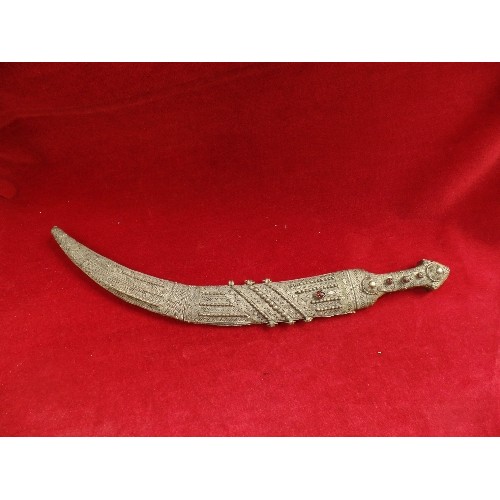 121 - TRADITIONAL MOROCCAN KOPUMMYA DAGGER - THE HANDLE DECORATED WITH WIRE WORK AND INLAID WITH RED BEADS... 