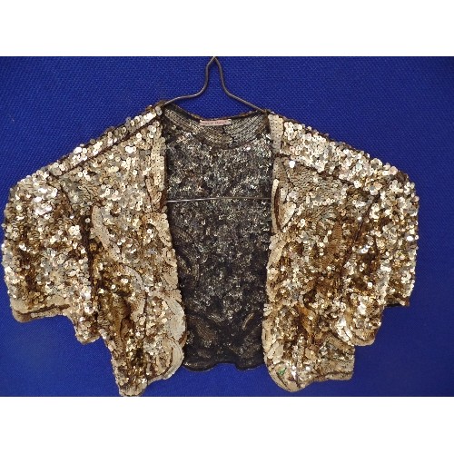 125 - 1930'S FRENCH GOLD SEQUIN BOLERO JACKET IN VERY GOOD CONDITION - IN A KENDALS OF MANCHESTER BOX